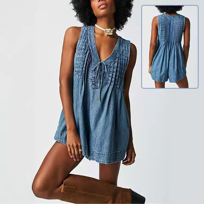 V-hals mouwloze denim romper