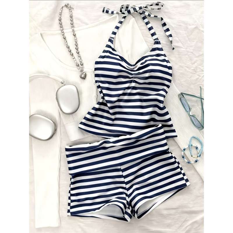 Striped halter-neck tankini two-piece swimsuit, women's style, backless, flat-angled, conservative two-piece Tankini