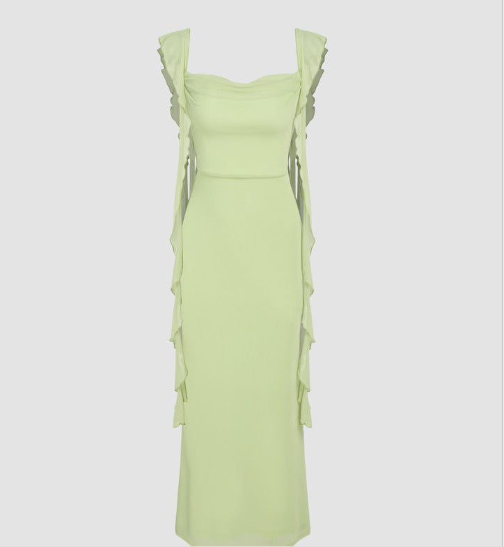 Kanten Sling Rugloze Mode Ruffles Lint Jurk