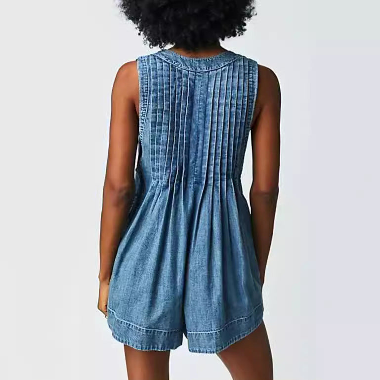 V-hals mouwloze denim romper