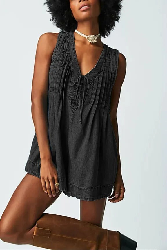 V-hals mouwloze denim romper