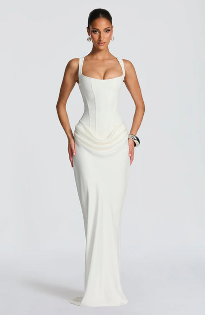 white backless maxi dress Élancé™ Sculpted Backless Maxi Dress – Véda Élégance