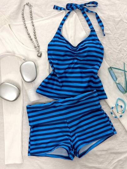 Striped Tankini Swimsuit, Elegant Sexy Halter Crop Top & BBL shorts