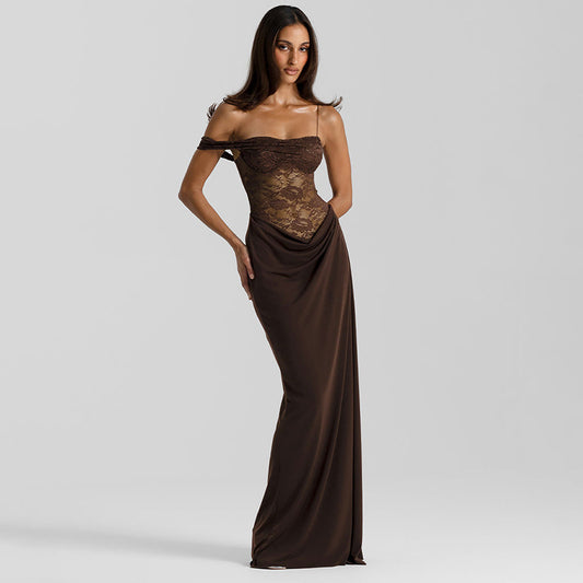 Robe Maxi en Dentelle Marron Noir Grace™
