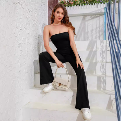 Strapless Tube Top Flared Fit One-piece Jumpsuit