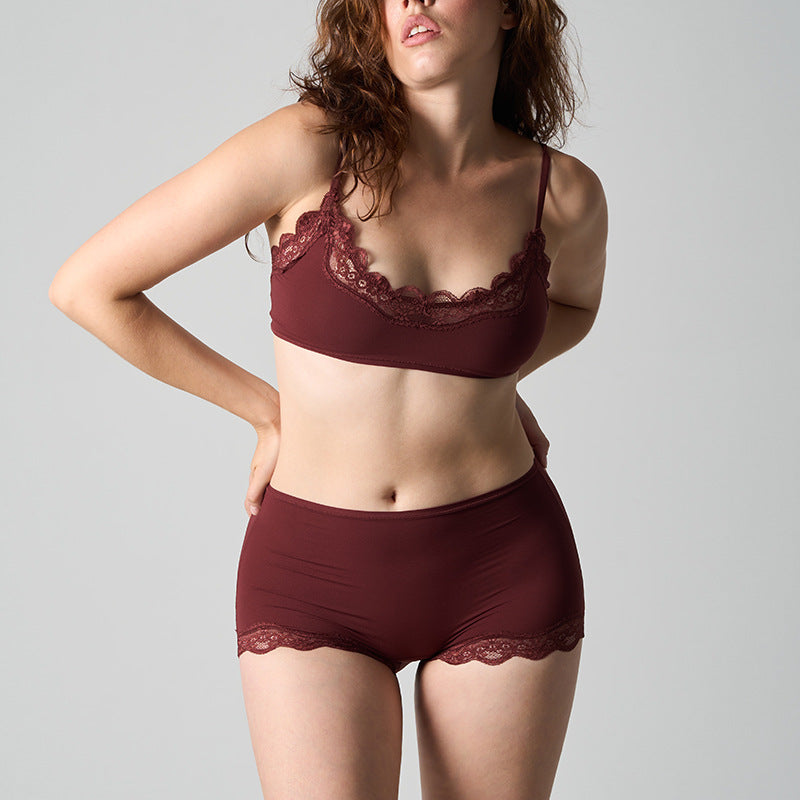 Women 2 Piece Lace Lingerie Set Pullover Removable Padded Bralette Sexy Boyshort Panties PJ Set
