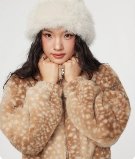 Fur Deer Print Fuzzy Zip-up Long Sleeve Top