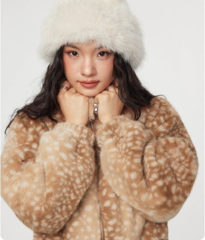 Fur Deer Print Fuzzy Zip-up Long Sleeve Top