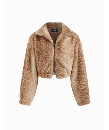 Fur Deer Print Fuzzy Zip-up Long Sleeve Top