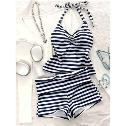 Striped halter-neck tankini two-piece swimsuit, women's style, backless, flat-angled, conservative two-piece Tankini