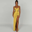 Simple Temperament Pure Color Sling Low Collar Chest Leakage Height Split Lace-up Backless Dress