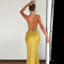 Simple Temperament Pure Color Sling Low Collar Chest Leakage Height Split Lace-up Backless Dress