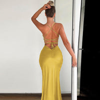 Simple Temperament Pure Color Sling Low Collar Chest Leakage Height Split Lace-up Backless Dress