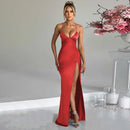 Simple Temperament Pure Color Sling Low Collar Chest Leakage Height Split Lace-up Backless Dress