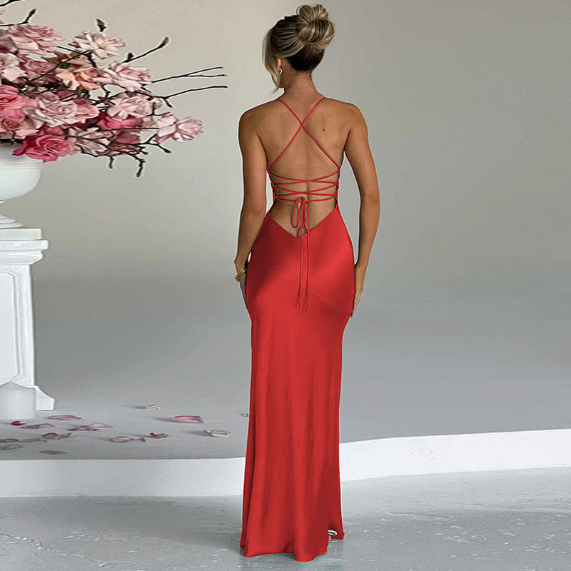 Simple Temperament Pure Color Sling Low Collar Chest Leakage Height Split Lace-up Backless Dress