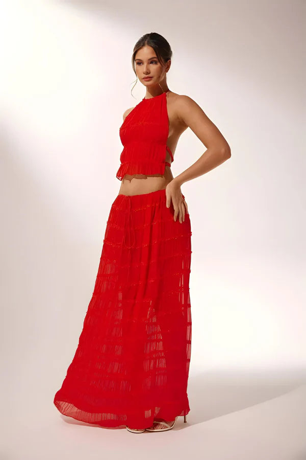 Backless Lace-up Halterneck Sling Top Suit Wooden Ear Pleated Dress