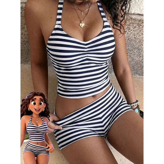 Striped halter-neck tankini two-piece swimsuit, women's style, backless, flat-angled, conservative two-piece Tankini