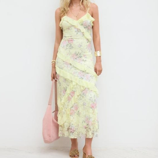 Blossom Elegance Lace Hem Maxi Dress