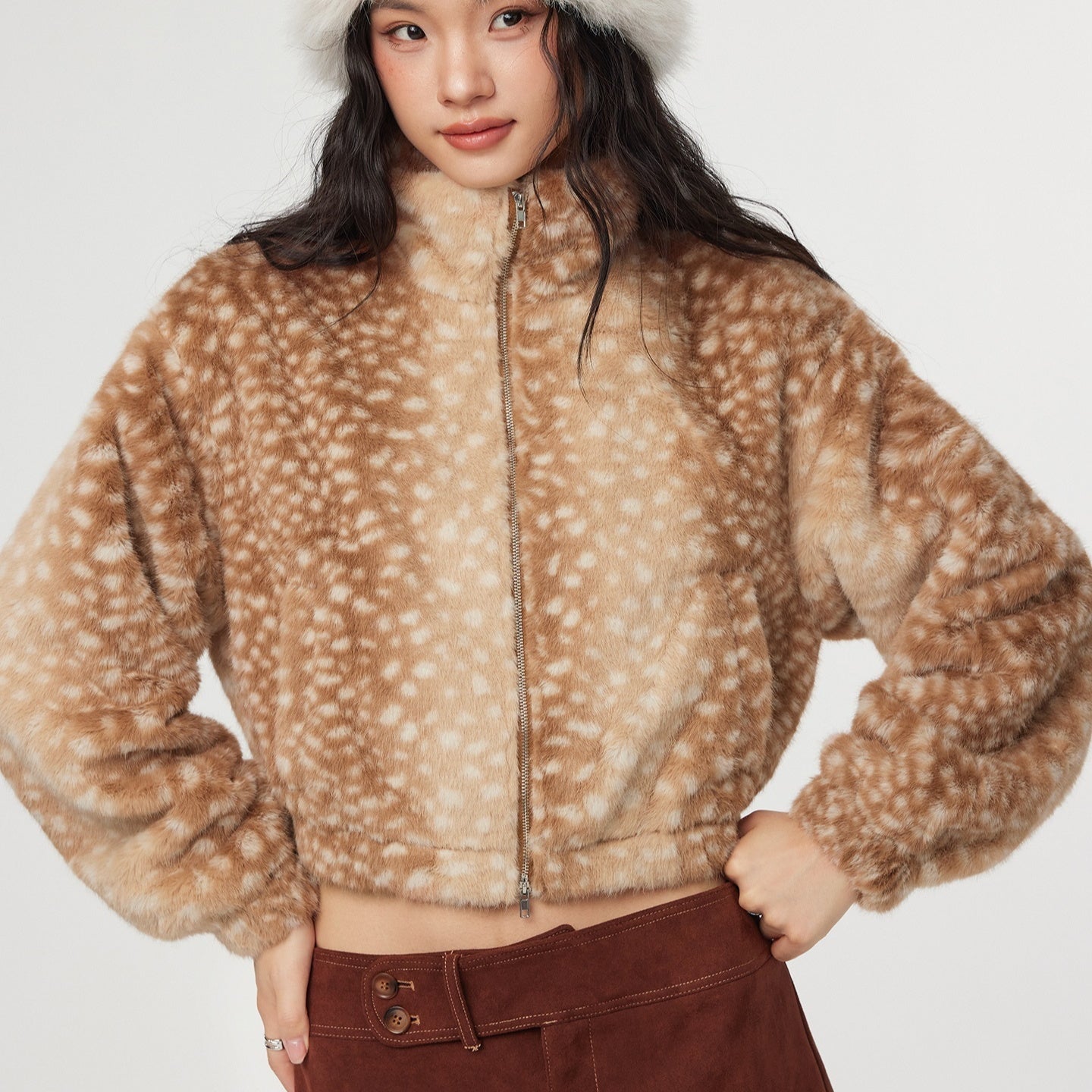 Fur Deer Print Fuzzy Zip-up Long Sleeve Top