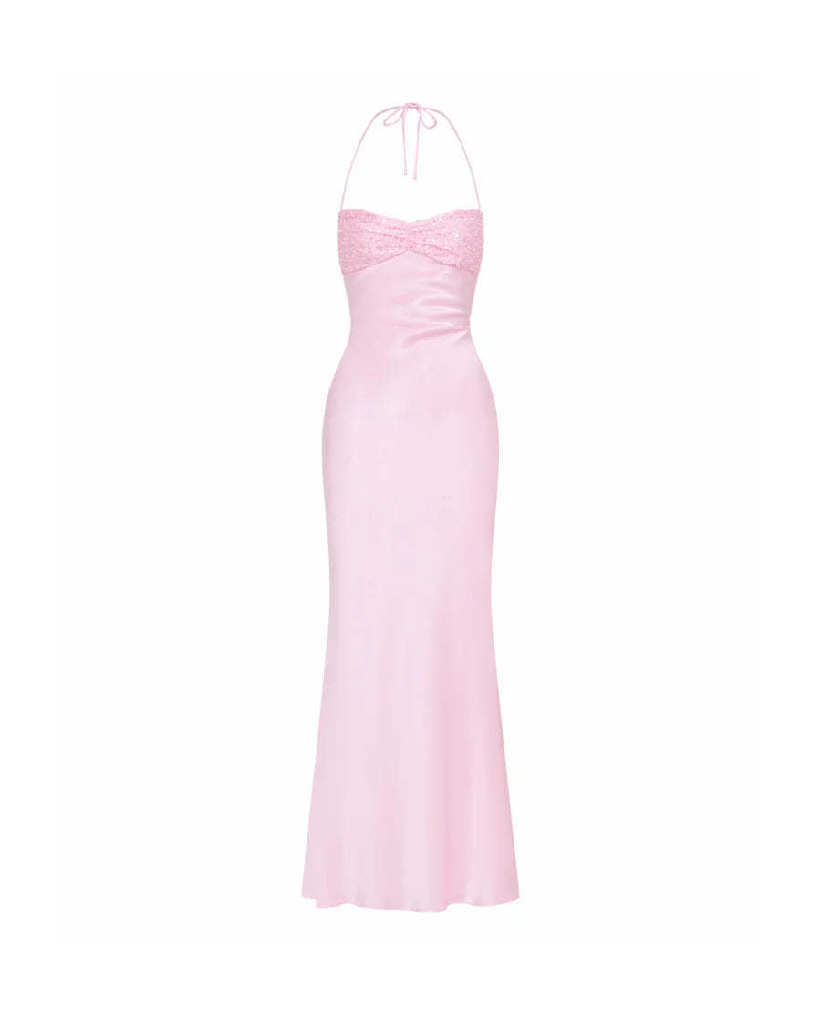Robe moulante dos nu en soie rose poudré Halo