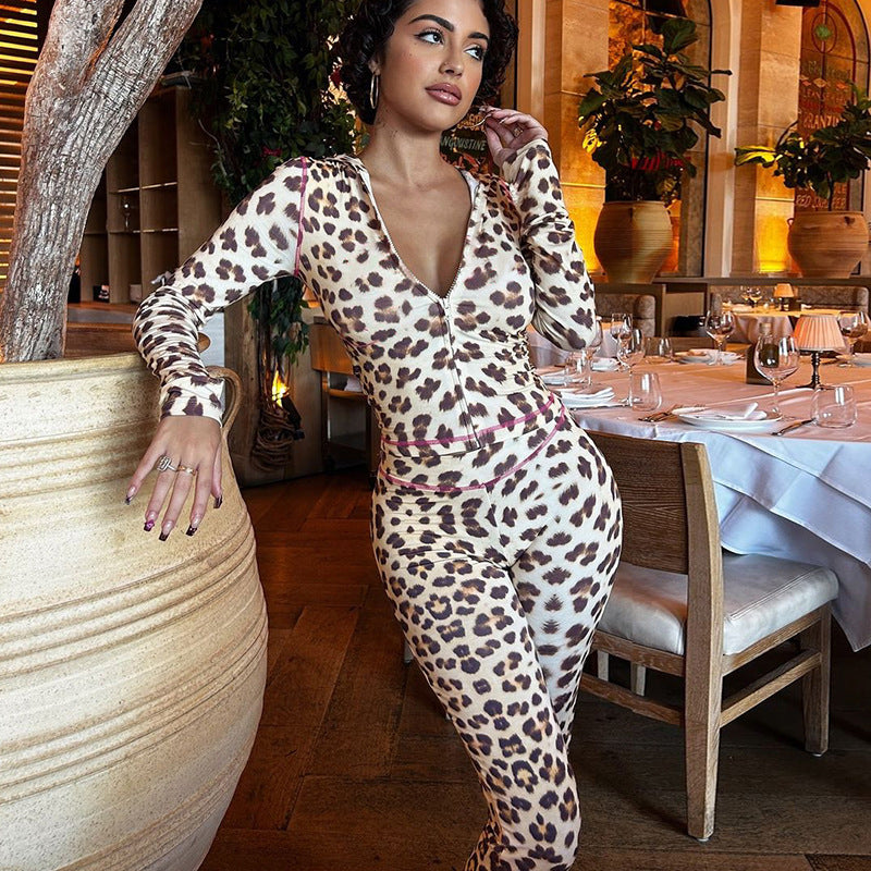 Top Leopard Print High Waist Tight Trousers Suit Women