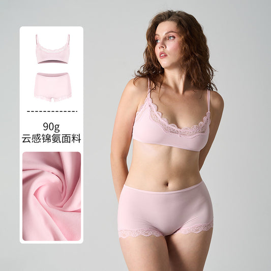 Women 2 Piece Lace Lingerie Set Pullover Removable Padded Bralette Sexy Boyshort Panties PJ Set