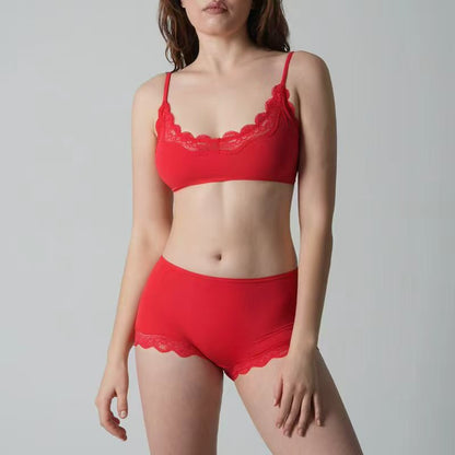 Women 2 Piece Lace Lingerie Set Pullover Removable Padded Bralette Sexy Boyshort Panties PJ Set