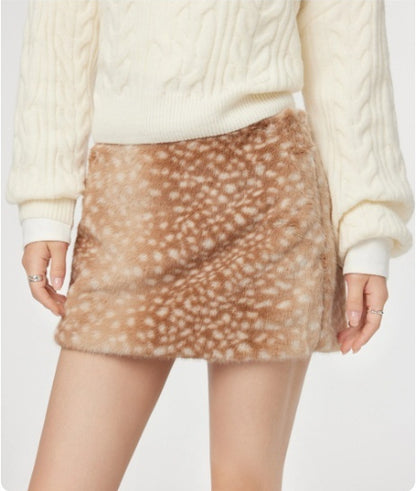 Fur Deer Print Fuzzy Zip-up Long Sleeve Top