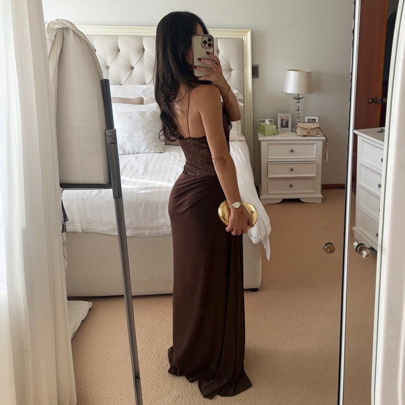 Noir Grace™ Brown Lace Maxi Dress