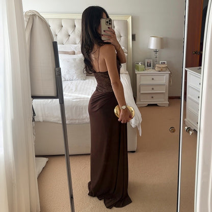 Noir Grace™ Brown Lace Maxi Dress